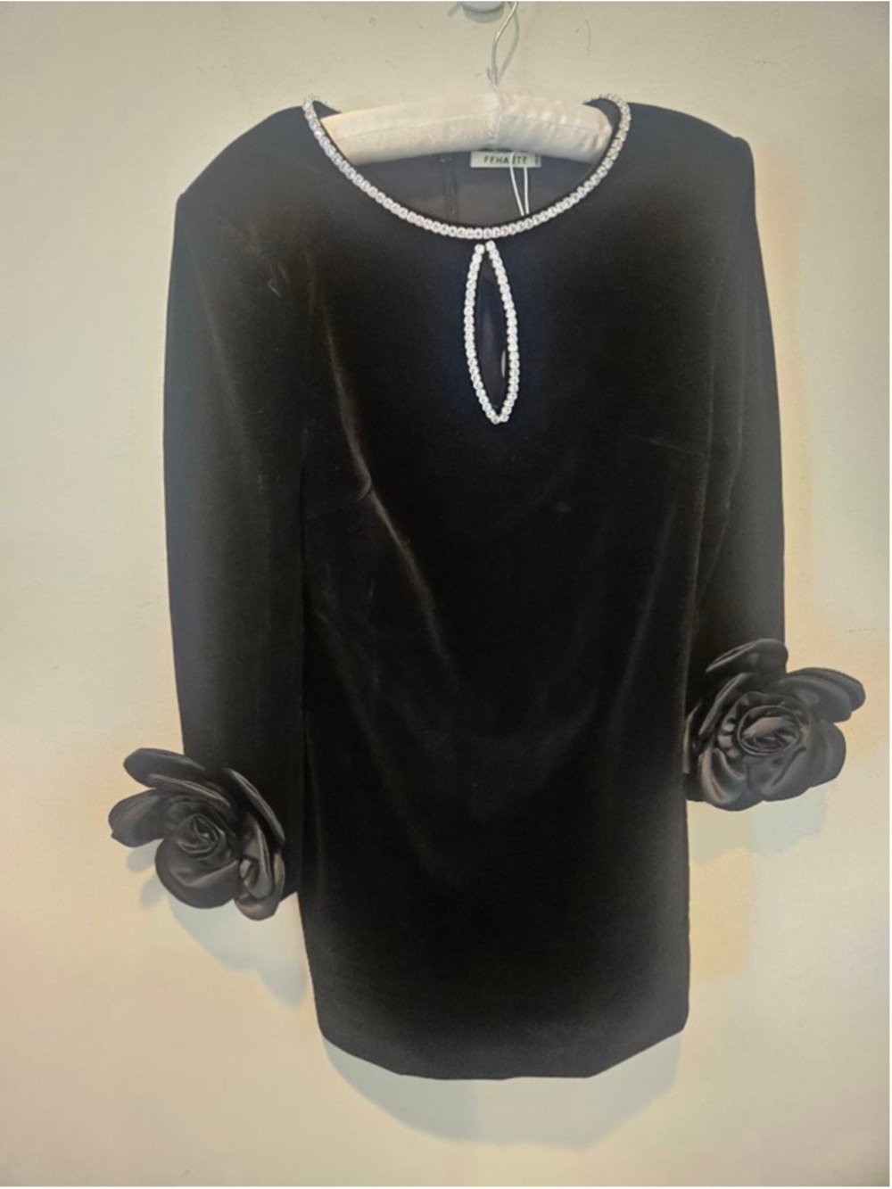 Women's FEHAUTE NWT Black Velvet Mini Dress Rhinestone & 3D Floral Cuffs, Size 4 - Picture 7 of 15